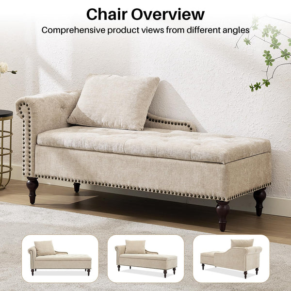 56.6" Wide Indoor Chaise Lounge with Storage & Left Armrest