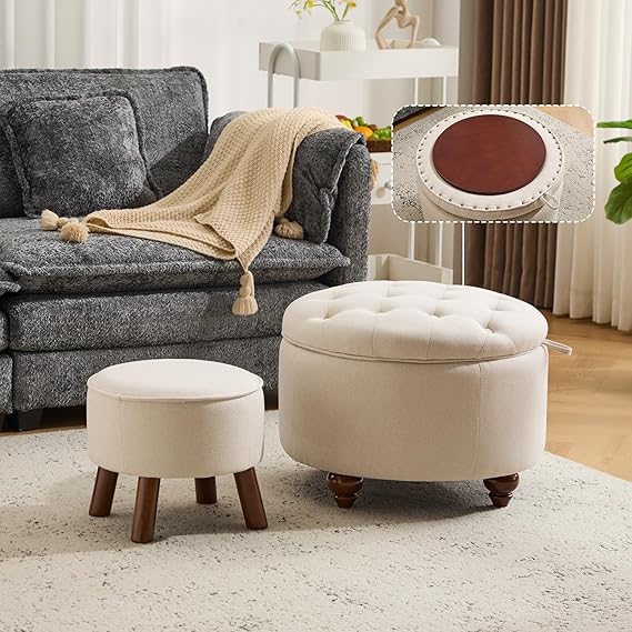 Round Storage Ottoman Set of 2 with Removable Lid & Small Stool