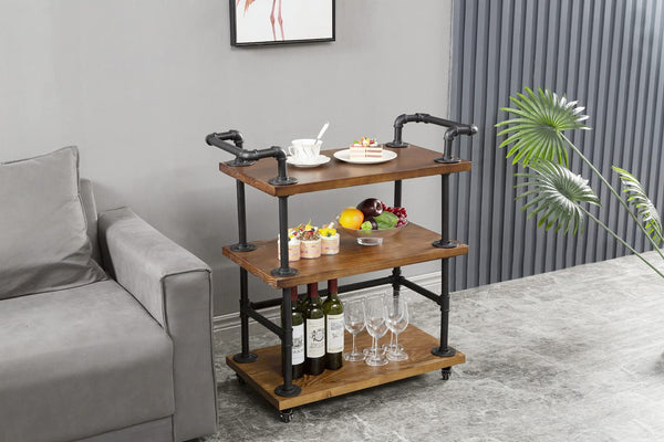 Industrial Pipe Bar Cart with Shelves and Wheels