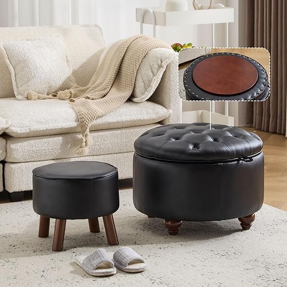 Round Storage Ottoman Set of 2 with Removable Lid & Small Stool