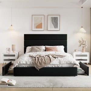 Queen Platform Bed Frame with Storage Drawers & Velvet Headboard