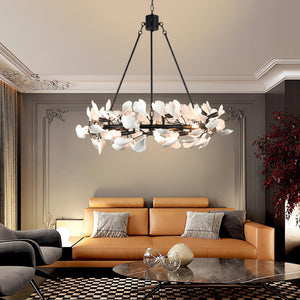 28-Light Ceramic Ginkgo Leaf Branch Chandelier – 35.5" Round Modern Pendant Light