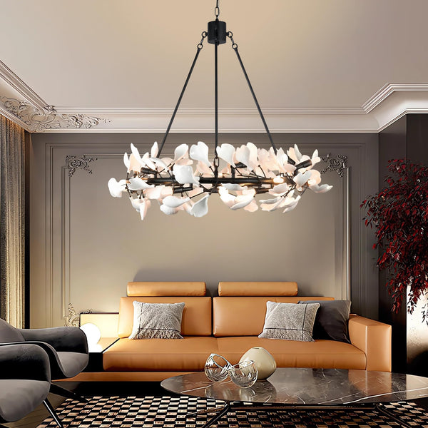 28-Light Ceramic Ginkgo Leaf Branch Chandelier – 35.5" Round Modern Pendant Light