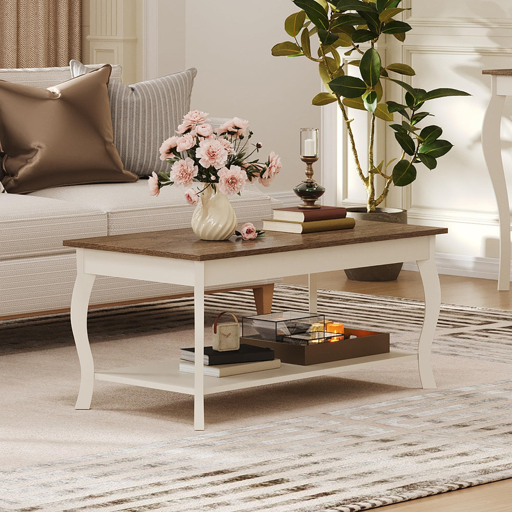Rustic Coffee Table with Curved Legs & Storage Shelf