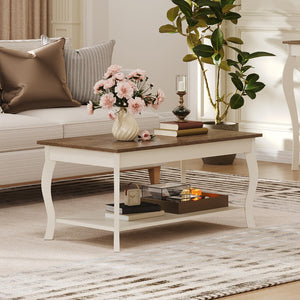 Rustic Coffee Table with Curved Legs & Storage Shelf