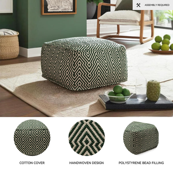 Green & Beige Geometric Handwoven Cotton Pouf Ottoman