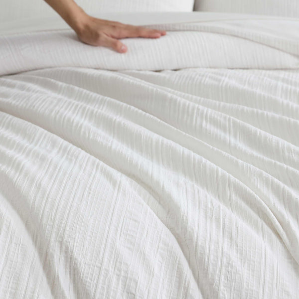 Cotton Comforter Set with Shams – Bark Texture White Grid Pattern
