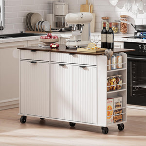 Rolling Kitchen Island with Wavy Door & Drop-Leaf Countertop