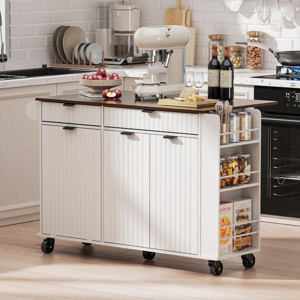 Rolling Kitchen Island with Wavy Door & Drop-Leaf Countertop