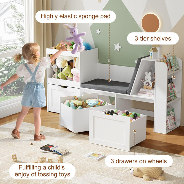 Kids Reading Nook Toy Storage Organizer with Bookshelf and Drawers