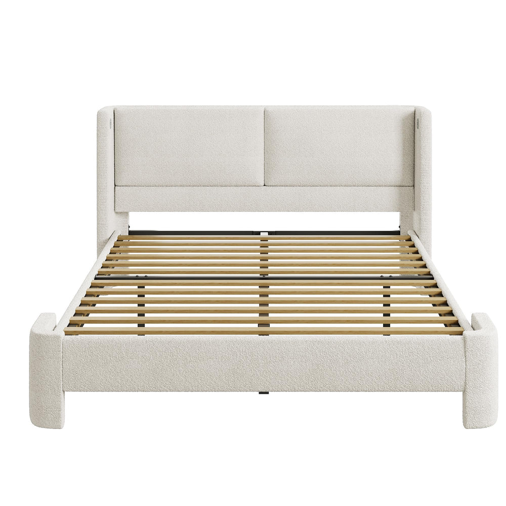 Full Upholstered Boucle Platform Bed Frame with Headboard & USB Ports