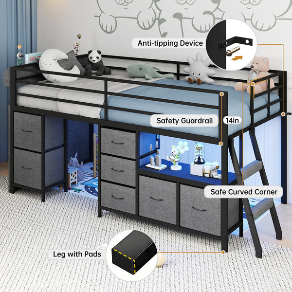 Twin Low Loft Bed with Storage Drawers, Bookcase & LED Lights