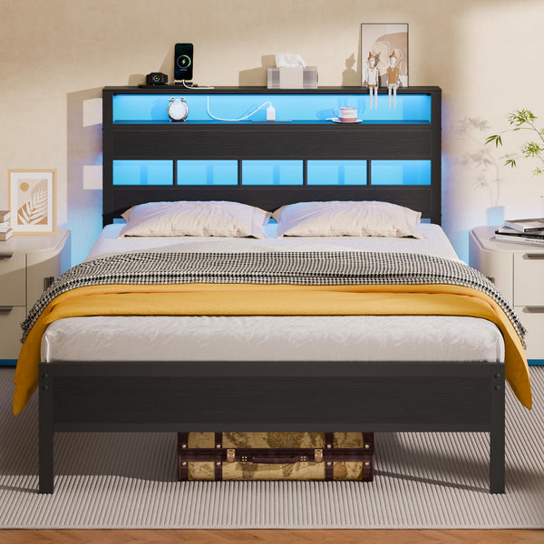 Full Size Bed Frame with LED Lights, Charging Station & Storage Headboard