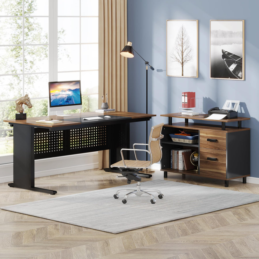L-Shaped Executive Desk with File Cabinet & Storage Shelves