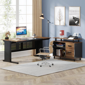 L-Shaped Executive Desk with File Cabinet & Storage Shelves