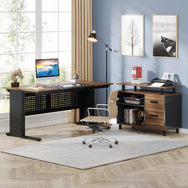 L-Shaped Executive Desk with File Cabinet & Storage Shelves