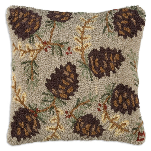 Hand-Hooked Wool Throw Pillow 18x18 – Northwoods Pine Cones, Tan