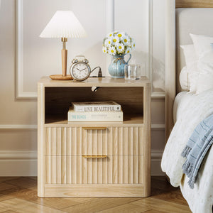 Fluted Nightstand Set of 2 with Charging Station, Drawers & Open Shelves