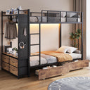 Twin Over Twin Bunk Bed with Storage Drawers, LED Lights & Charging Station