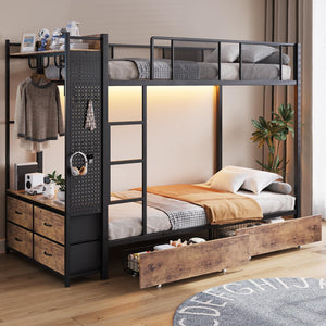 Twin Over Twin Bunk Bed with Storage Drawers, LED Lights & Charging Station