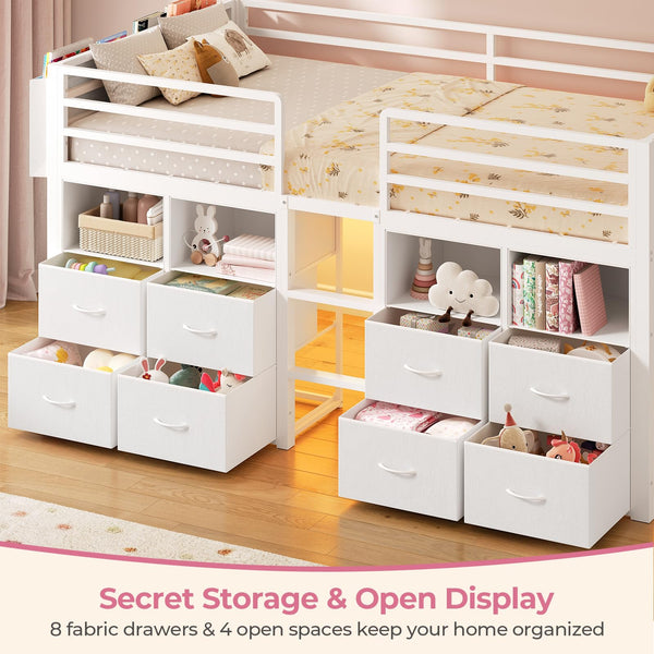 Low Loft Bed Twin with Storage Drawers, Bookcase & LED Lights