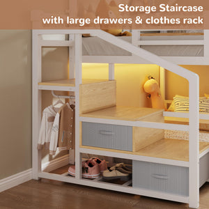 Twin Over Twin Bunk Bed with Storage Staircase & LED Lights