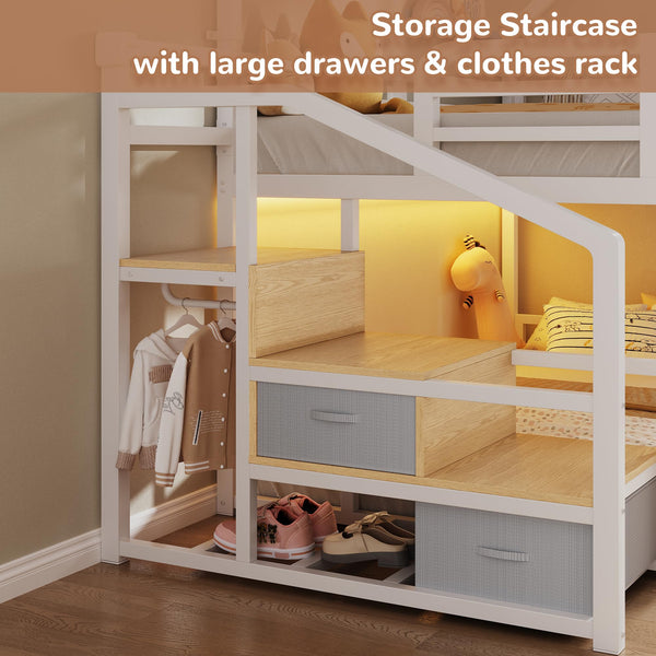 Twin Over Twin Bunk Bed with Storage Staircase & LED Lights