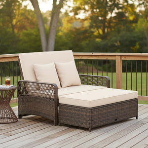 Patio Rattan Daybed Loveseat Set with Storage Ottoman & Cushions