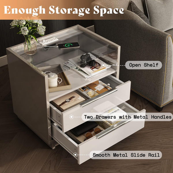 3-Piece Bedroom Dresser Set with LED Light & Nightstands with Charging Station