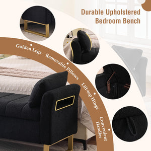 King Size Storage Bench with Arms, Boucle Fabric, Gold Legs, 2 Pillows