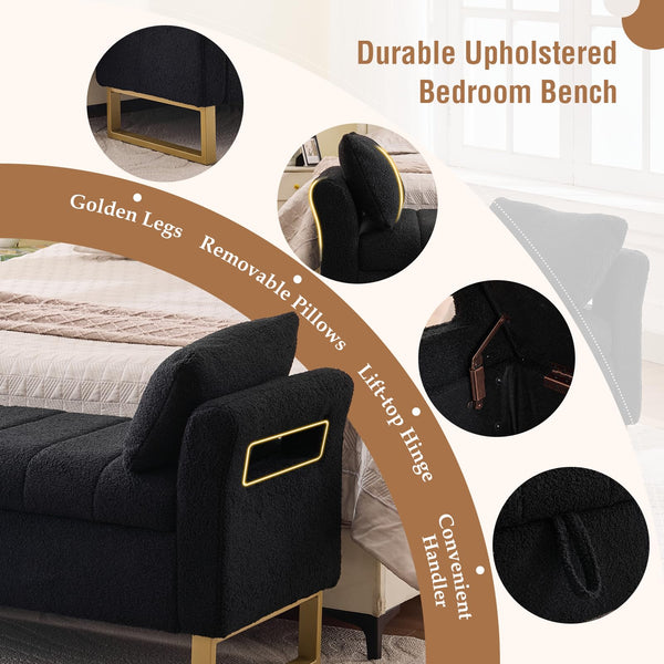 King Size Storage Bench with Arms, Boucle Fabric, Gold Legs, 2 Pillows