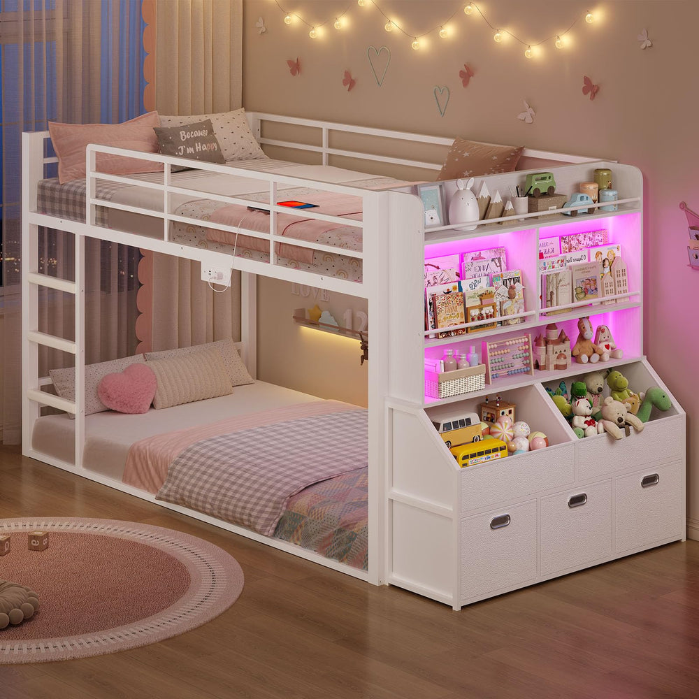 Twin Over Twin Low Bunk Bed with Storage Drawers, Bookshelf and RGB Lights