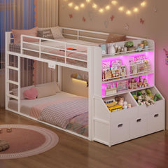 Twin Over Twin Low Bunk Bed with Storage Drawers, Bookshelf and RGB Lights