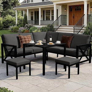 6-Piece L-Shape Outdoor Patio Sectional Sofa Set with Metal Frame & Olefin Cushions
