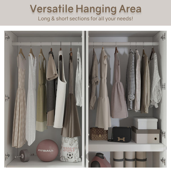 4-Door Armoire Wardrobe Closet with Drawers & Hanging Rod