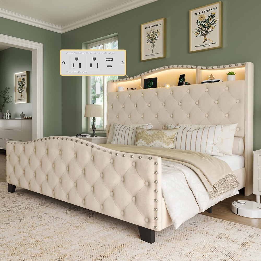Upholstered Wingback Bed Frame with LED Lights & Storage
