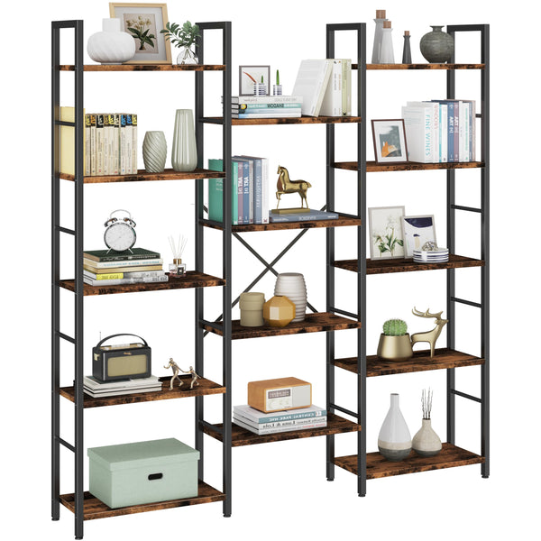 Triple Column 5-Tier Bookshelf, Industrial Wide Bookcase