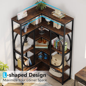 Tribesigns 7-Shelf Corner Bookshelf, Large Modern Corner Bookcase, Tall L-Shaped Corner Shelf Stand Display Rack with Storage, Metal Frame for Living Room Home Office (Rustic Brown)