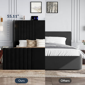 Wingback Velvet Platform Bed with Reading Lights & Charging Station