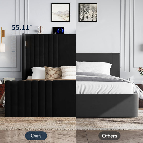 Wingback Velvet Platform Bed with Reading Lights & Charging Station