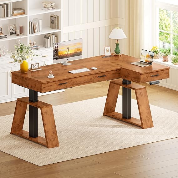 59" L-Shaped Electric Standing Desk with Drawers & Power Outlets