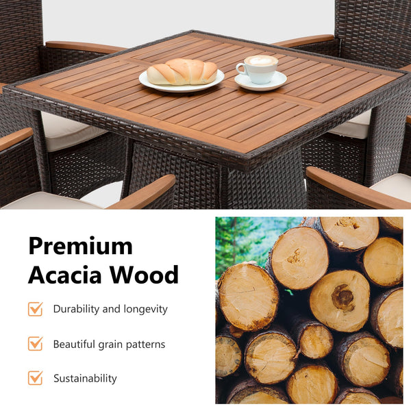 Rattan Patio Dining Set with Acacia Wood Tabletop