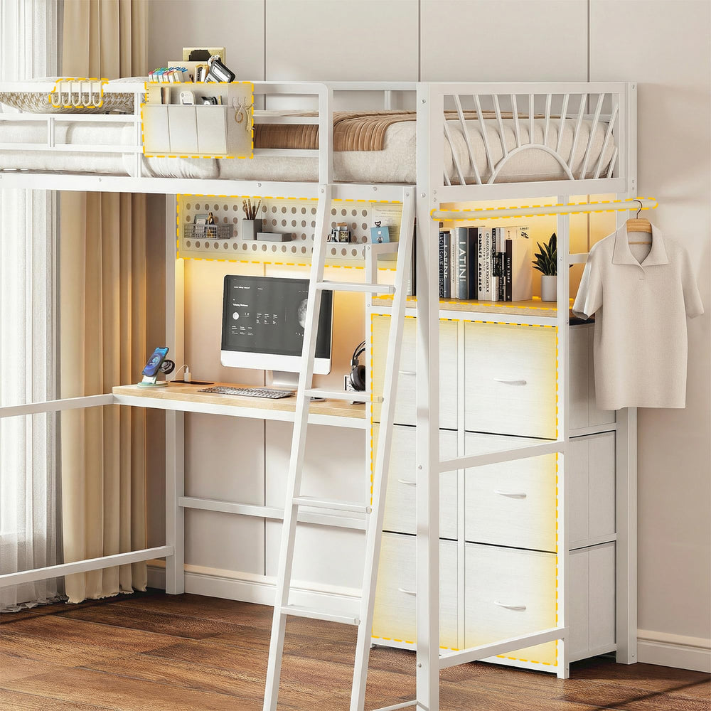 Twin Loft Bed with Desk, Storage Drawers & LED Lights