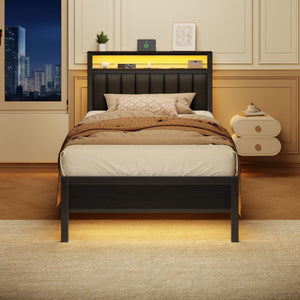LED Bed Frame with Charging Station & Storage Headboard
