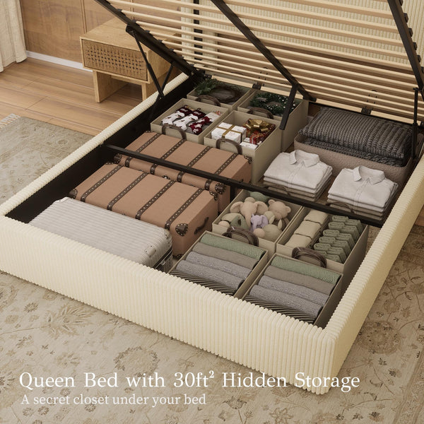 Queen Bed Frame with Lift-Up Storage & Wingback Headboard