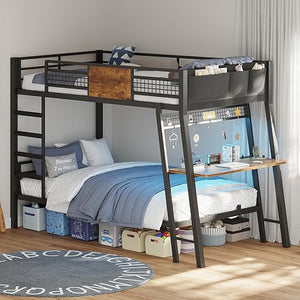 Twin Over Twin Bunk Bed with Desk, LED Lights & Power Outlets