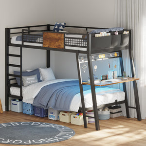 Twin Over Twin Bunk Bed with Desk, LED Lights & Power Outlets