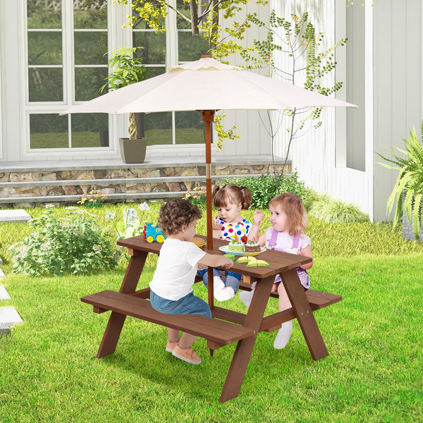 Kids Outdoor Wooden Picnic Table Set with Umbrella