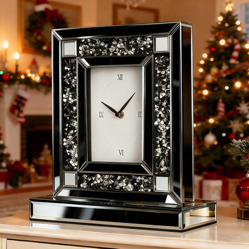 Mirrored Desk Clock with Crystal Accents & Roman Numerals