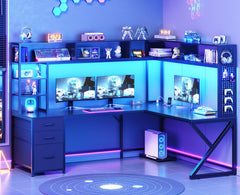 L-Shaped Gaming & Computer Desk with Storage, LED Lights & Power Outlet